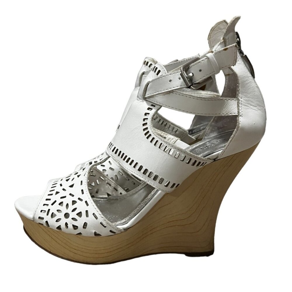Guess Agenta White Leather Wooden Wedge Heels Sz 6.5 Womens Open Toe Ankle